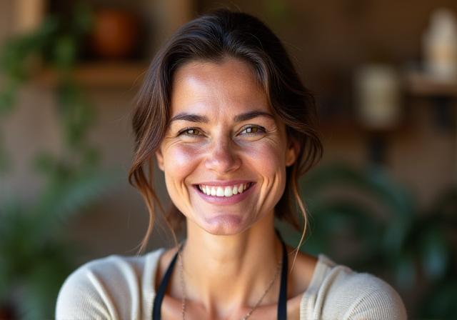 Fundadora de Pura Esencia Madrid, sonriendo en su estudio de cosmética natural.