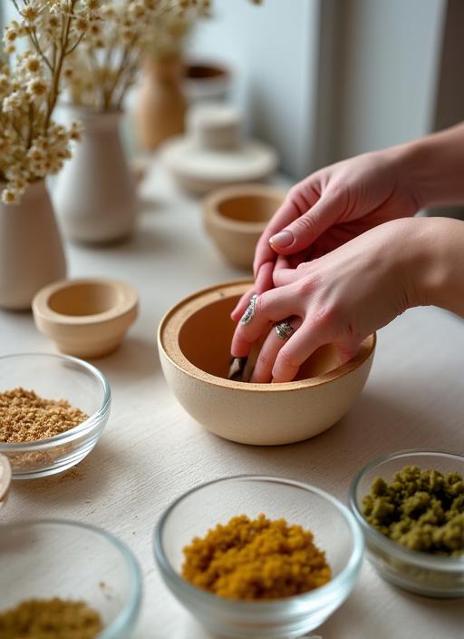Manos elaborando cosméticos naturales en un taller limpio y bien iluminado.